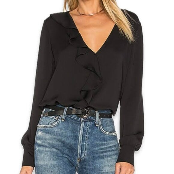 NWT Revolve L'Academie Ruffle Blouse V Neck Long Sleeve Top Size Small Black - Picture 1 of 15